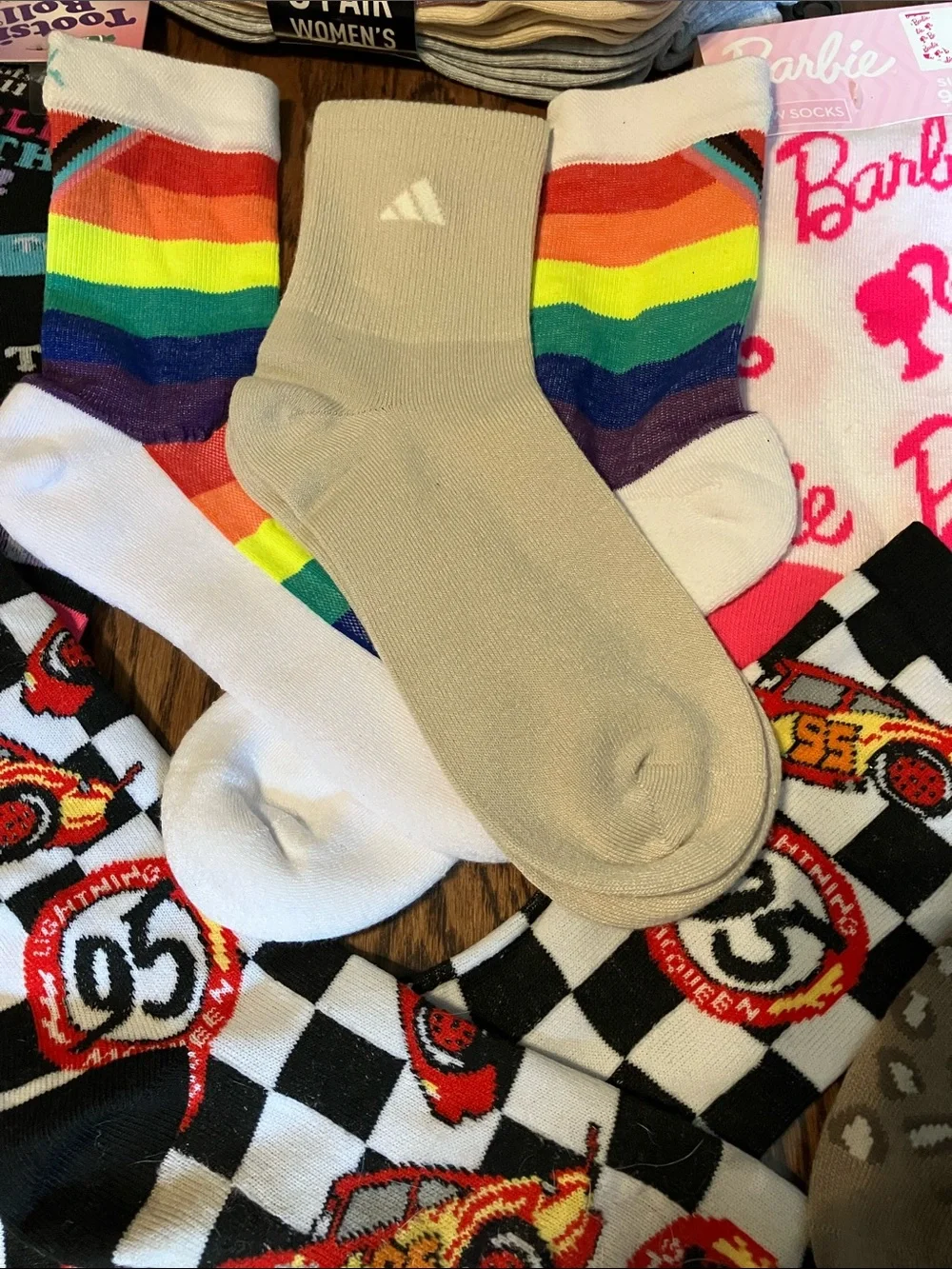 Mixed women/kids Character Socks Bundle( Barbie/balega/adidas/race-car/love)